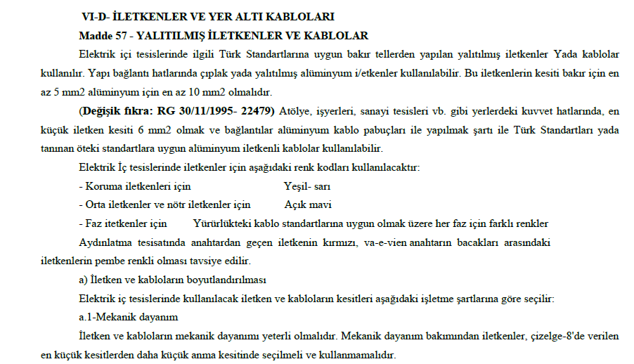 Madde 57 Elektrik İç Tesisleri Yönetmeliği